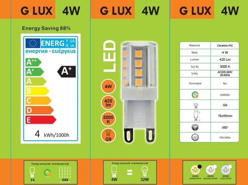 LED pirnid G.Lux GR-LED-G9-4W 3000K, 10tk hind ja info | Lambipirnid, lambid | kaup24.ee