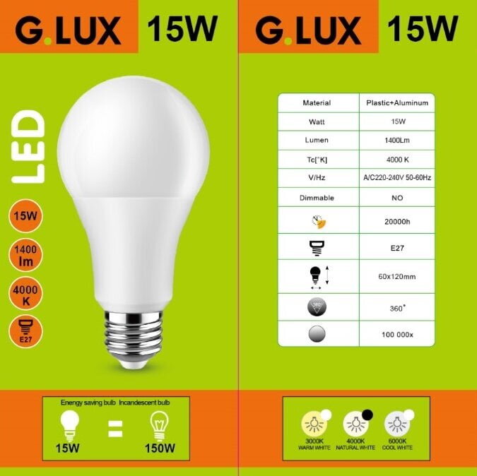 LED pirnid G.LUX GR-LED-A60-15W 4000K, 10tk. hind ja info | Lambipirnid, lambid | kaup24.ee