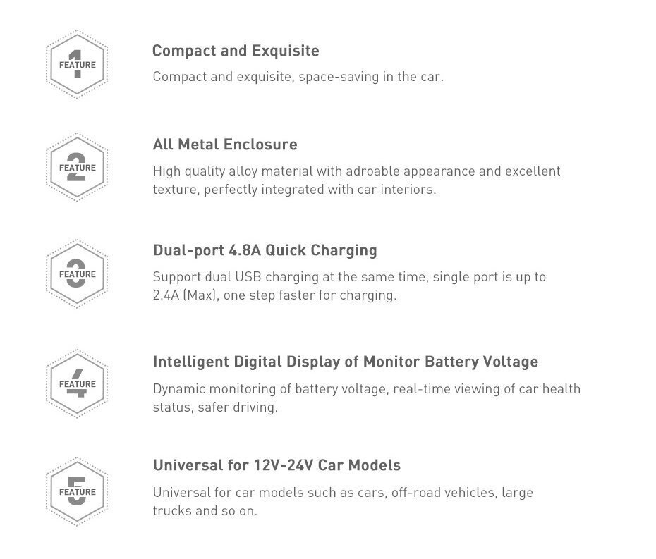 Baseuse digitaalne ekraan Dual USB 4.8A autolaadija 24W hall hind ja info | Mobiiltelefonide laadijad | kaup24.ee