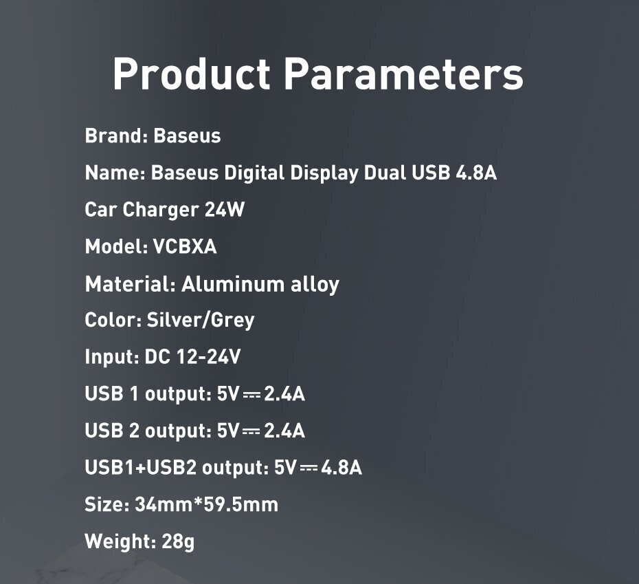 Baseuse digitaalne ekraan Dual USB 4.8A autolaadija 24W hall цена и информация | Mobiiltelefonide laadijad | kaup24.ee