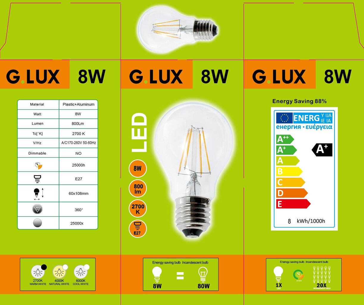 LED pirnid, 10 tk Filament G.LUX GR-LED-A60-8W 2700K цена и информация | Lambipirnid, lambid | kaup24.ee