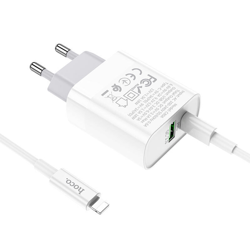 Laadija Hoco C80A USB Quick Charge 3.0 + PD20W (3.1A) + Type-C-Lightning, valge цена и информация | Mobiiltelefonide laadijad | kaup24.ee