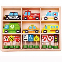 Tooky Toy puidust sõidukite ja liiklusmärkide komplekt hind ja info | Arendavad mänguasjad | kaup24.ee