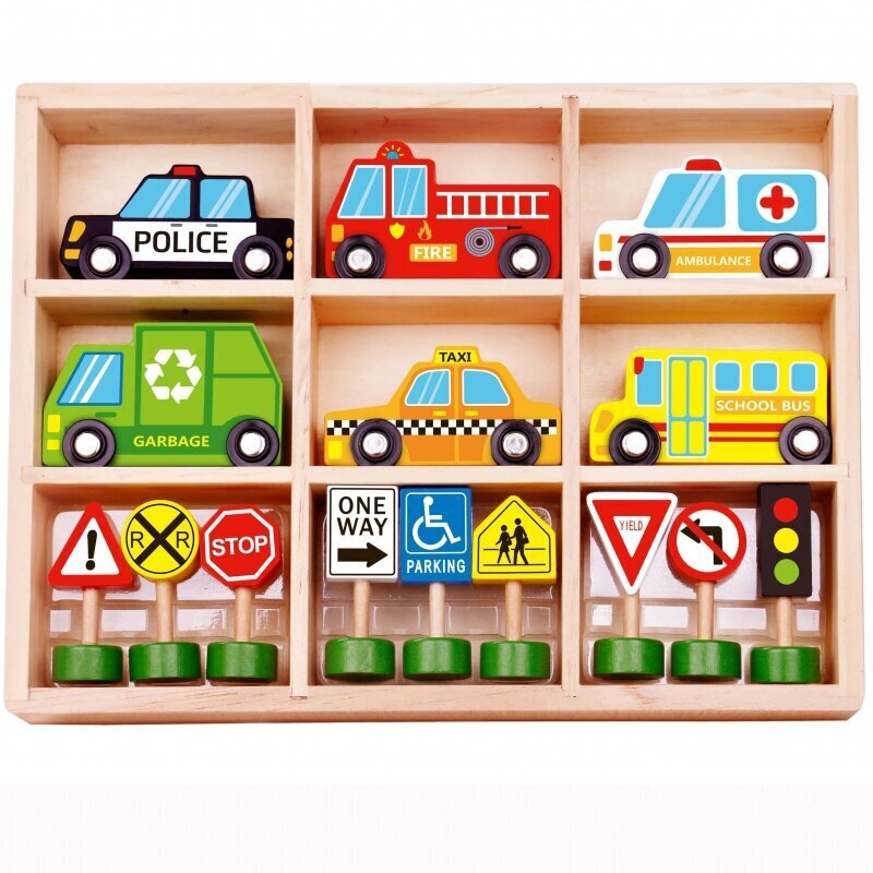 Tooky Toy puidust sõidukite ja liiklusmärkide komplekt цена и информация | Arendavad mänguasjad | kaup24.ee