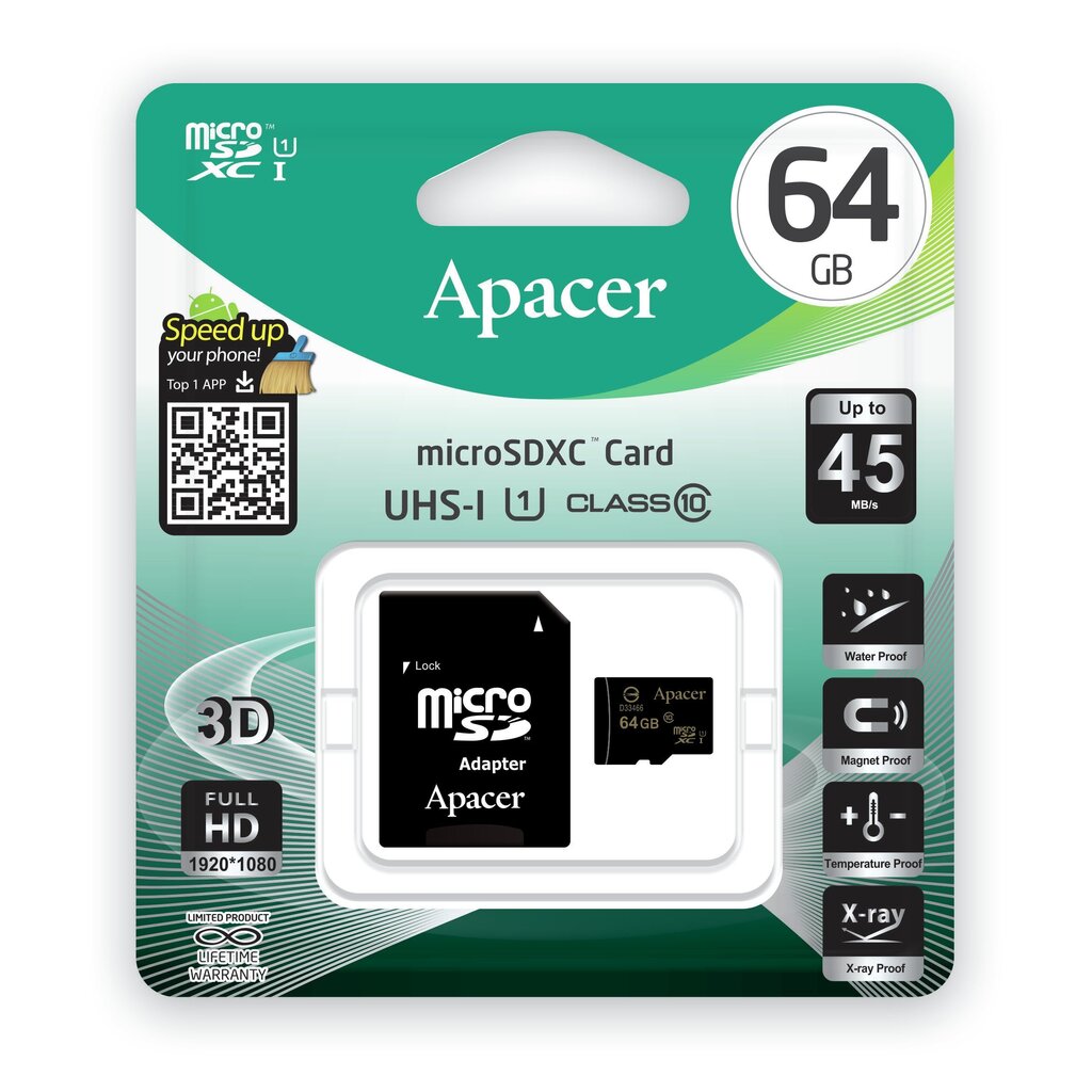 APACER 64GB microSDXC UHS-I Class10 цена и информация | Mobiiltelefonide mälukaardid | kaup24.ee