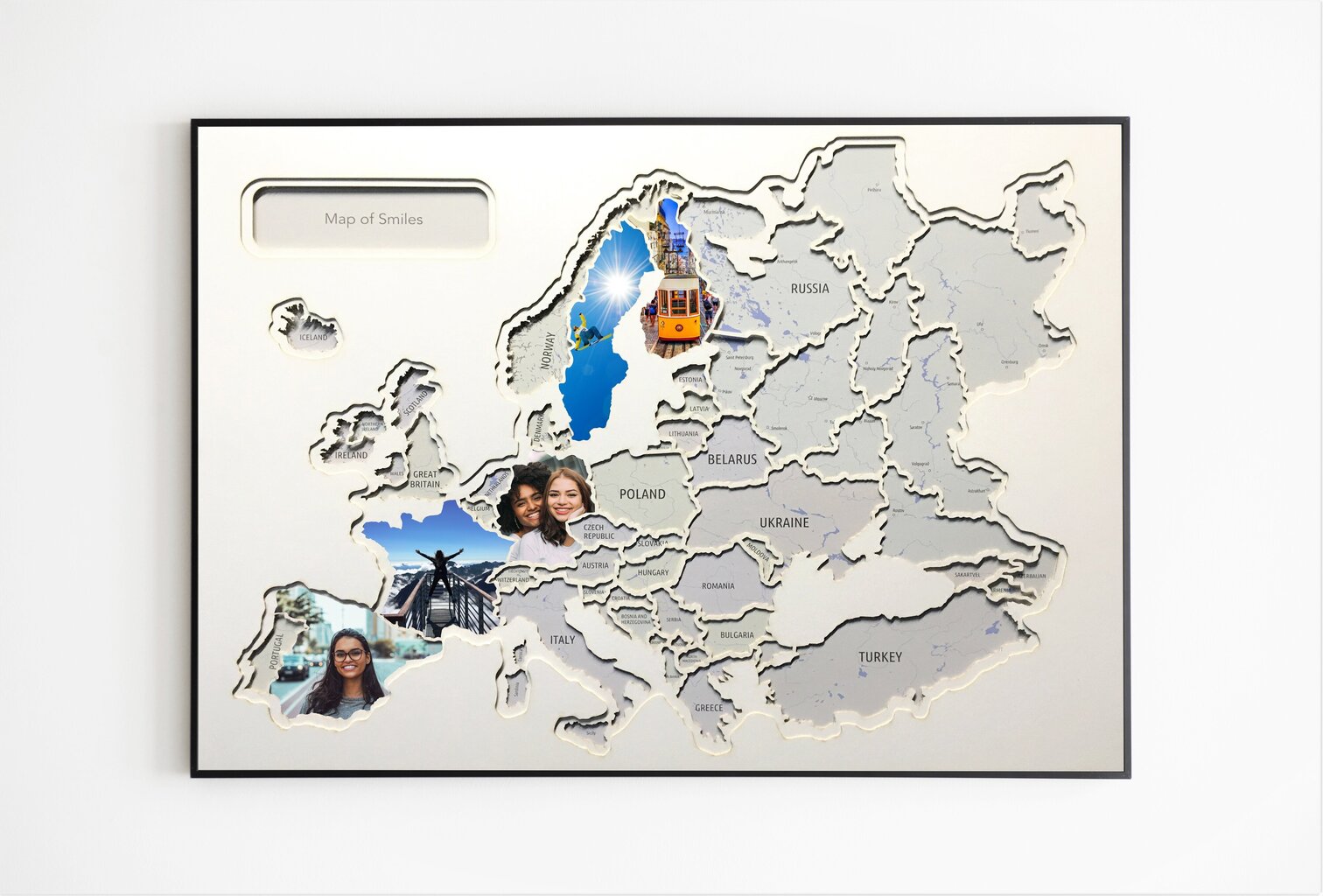 Fotokollaaž musta raamiga - 60 fotot - Euroopa kaart 73x53cm - Originaalne kingitus reisijatele - DIY kaart koju hind ja info | Maailmakaardid | kaup24.ee