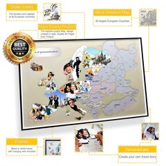 Fotokollaaž 60 fotost - Euroopa reisikaart 70x50cm - originaalne kingitus reisijatele - DIY kaart kodus hind ja info | Maailmakaardid | kaup24.ee