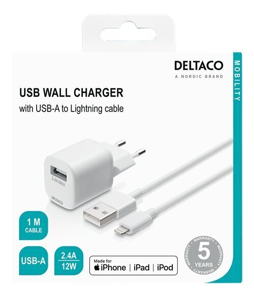 Deltaco USB-AC181, USB-A, 2.4 A 1 m USB-A Lightning kaabliga цена и информация | Mobiiltelefonide laadijad | kaup24.ee