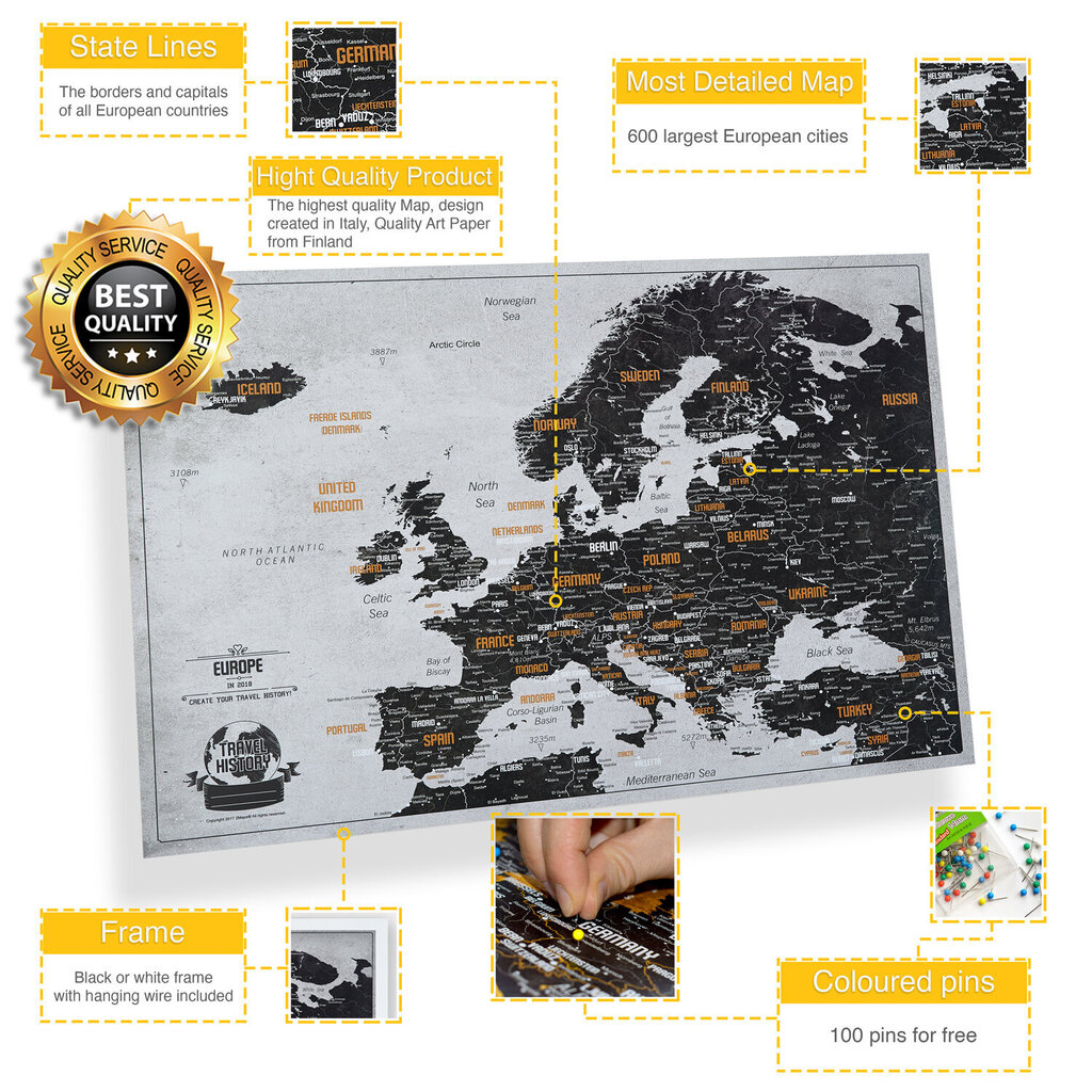 Euroopa kaart tihvtidega Boonus 100 tihvti, raamiga seikluskaart цена и информация | Maailmakaardid | kaup24.ee