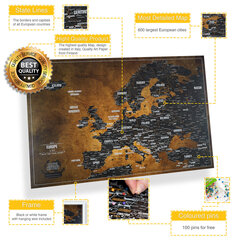 Карта Европы с булавками в белой рамке, 53x3x43 cm - 600 крупнейших городов цена и информация | Карты мира | kaup24.ee