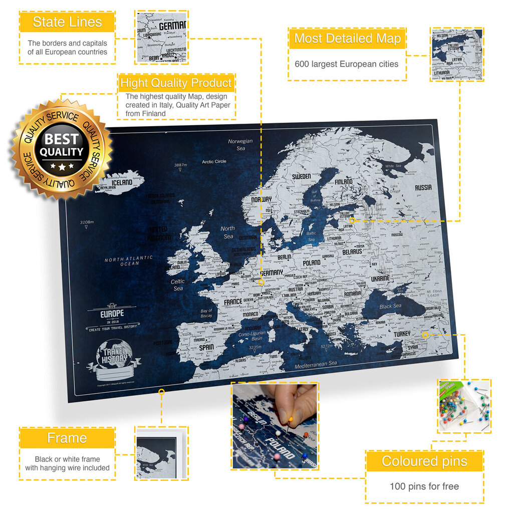 Euroopa kaart tihvtidega Boonus 100 tihvti, raamiga seikluskaart hind ja info | Maailmakaardid | kaup24.ee