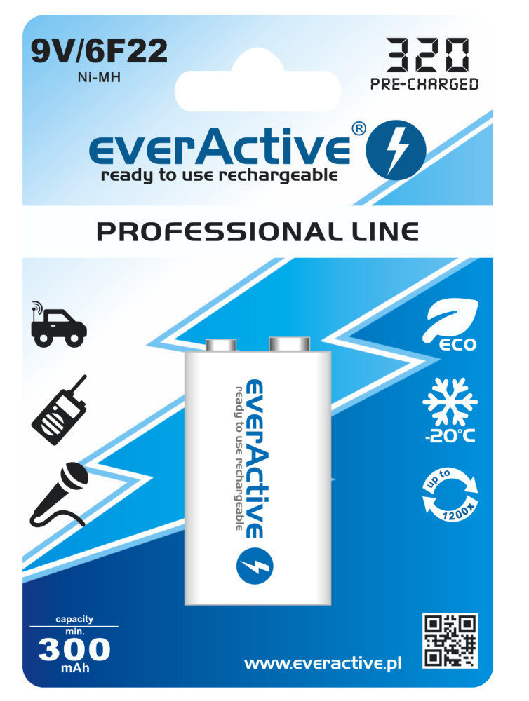 Patarei everActive Professional Ready to Use 9 V 320 mAh aku, 1 tk цена и информация | Patareid | kaup24.ee