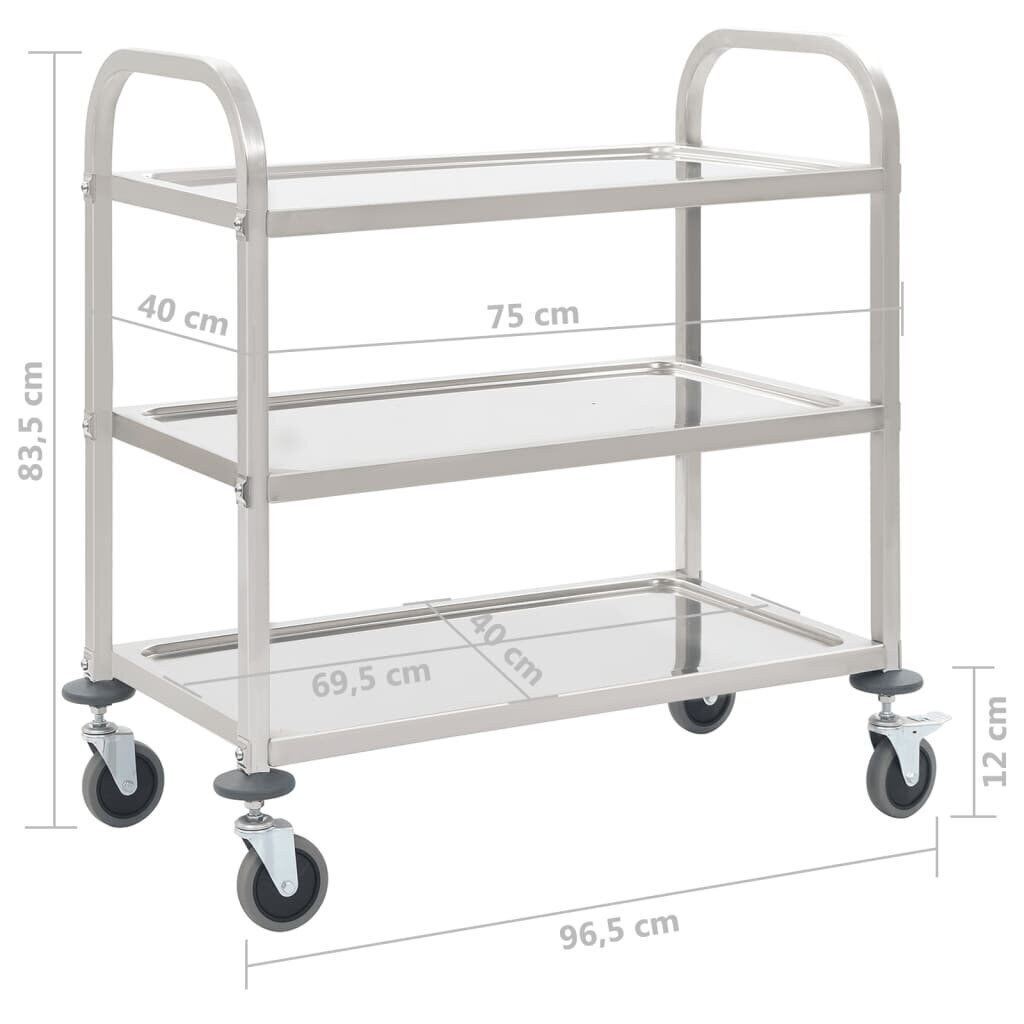 vidaXL kolme korrusega köögikäru, 87 x 45 x 83,5 cm, roostevaba teras цена и информация | Köögi- ja söögilauad | kaup24.ee