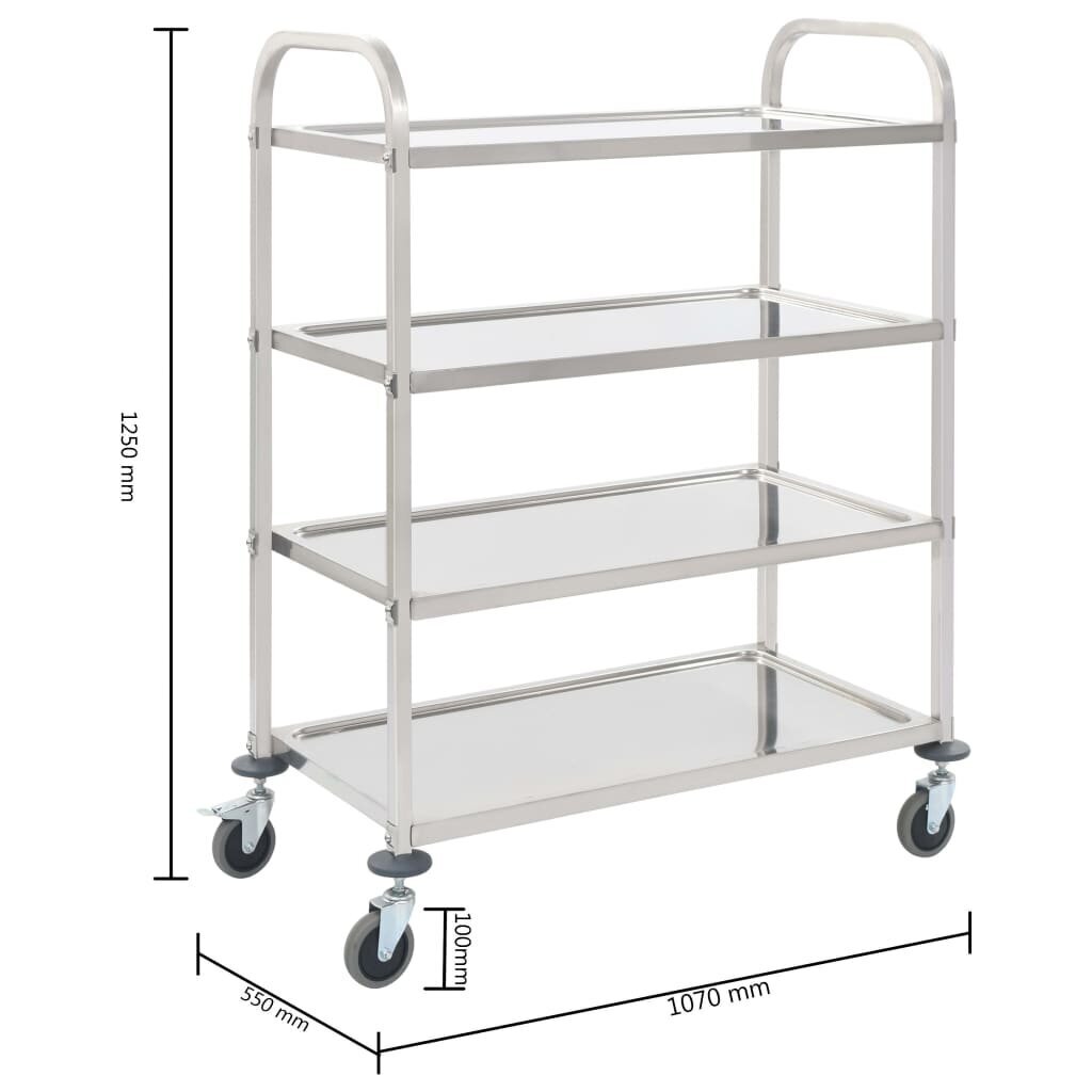 vidaXL nelja korrusega köögikäru, 107 x 55 x 125 cm, roostevaba teras цена и информация | Köögi- ja söögilauad | kaup24.ee