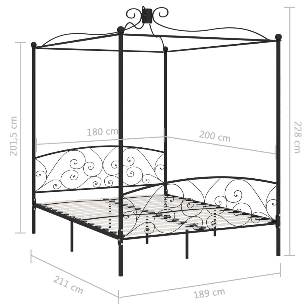 vidaXL baldahhiiniga voodiraam, must, metall, 180 x 200 cm hind ja info | Voodid | kaup24.ee