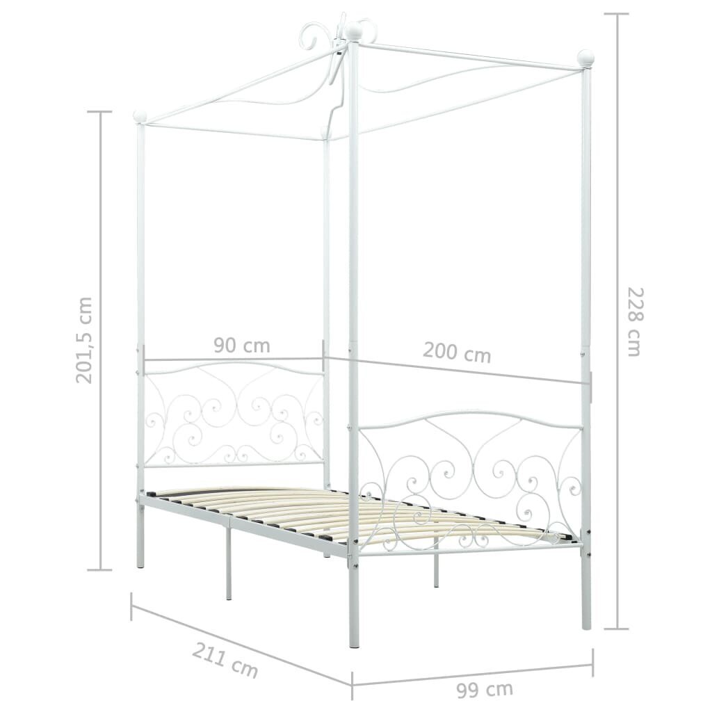 vidaXL baldahhiiniga voodiraam, valge, metall, 90 x 200 cm hind ja info | Voodid | kaup24.ee