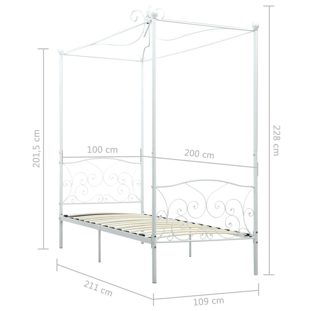vidaXL baldahhiiniga voodiraam, valge, metall, 100 x 200 cm hind ja info | Voodid | kaup24.ee