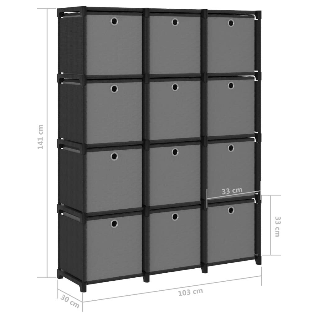 vidaXL 12 kuubikuga vitriinriiul kastidega, must 103x30x141 cm kangas цена и информация | Riiulid tööriistadele | kaup24.ee