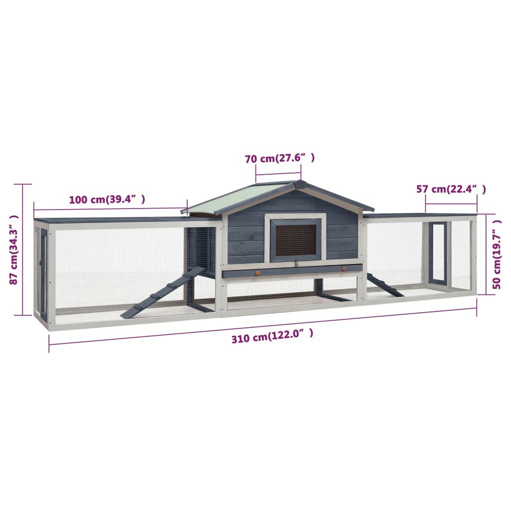 vidaXL jänesepuur, hall, 303 x 60 x 86 cm, männi- ja kuusepuidust hind ja info | Puurid ja tarvikud väikeloomadele | kaup24.ee