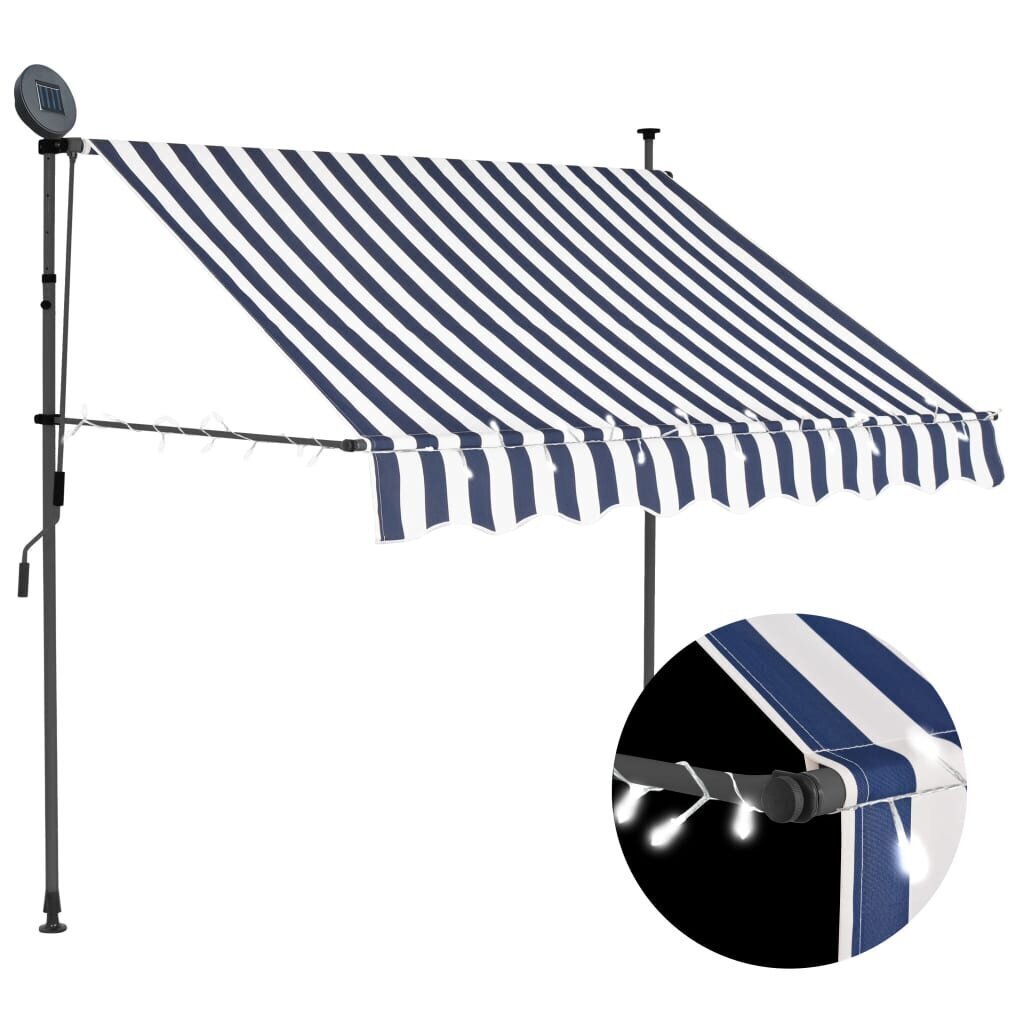 vidaXL käsitsi sissetõmmatav varikatus, LED,150 cm sinine ja valge hind ja info | Päikesevarjud, markiisid ja alused | kaup24.ee