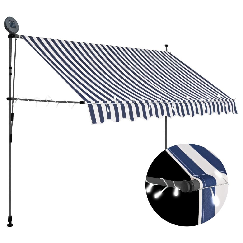 vidaXL käsitsi sissetõmmatav varikatus, LED, 250 cm sinine ja valge hind ja info | Päikesevarjud, markiisid ja alused | kaup24.ee