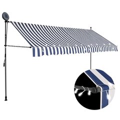 vidaXL käsitsi sissetõmmatav varikatus, LED, 350 cm sinine ja valge hind ja info | Päikesevarjud, markiisid ja alused | kaup24.ee