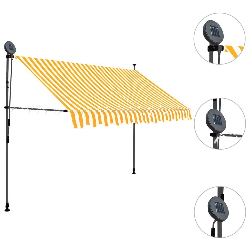 vidaXL käsitsi sissetõmmatav varikatus, LED, 250 cm, valge ja oranž цена и информация | Päikesevarjud, markiisid ja alused | kaup24.ee