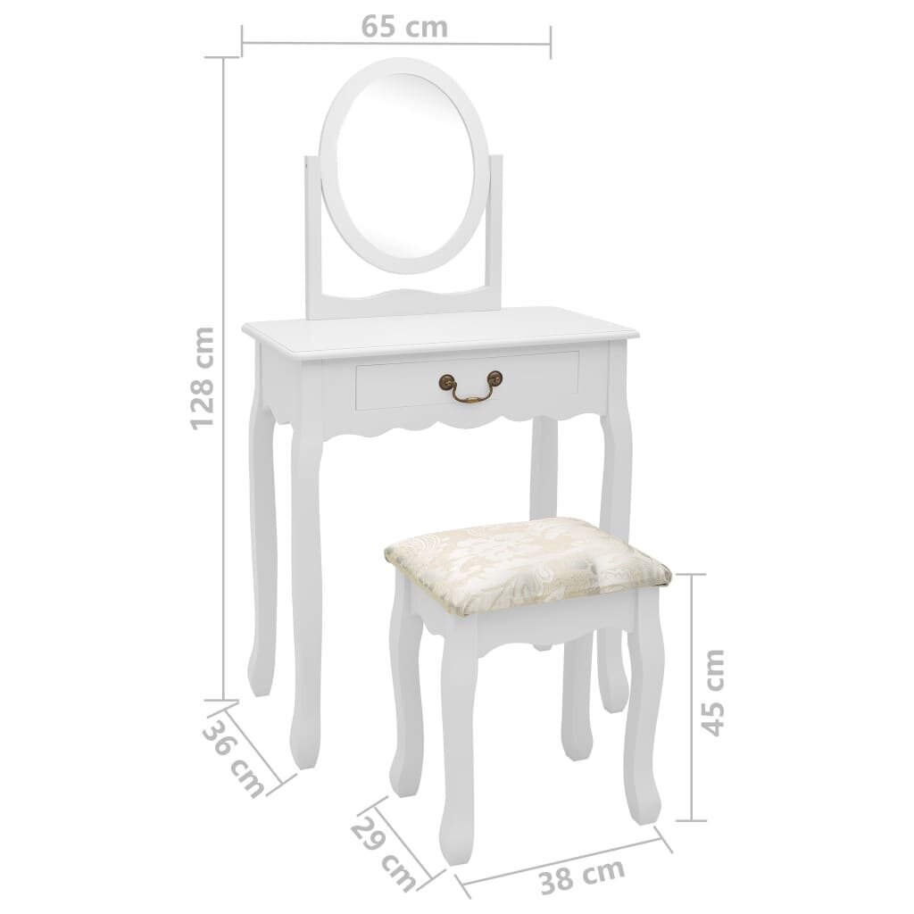 vidaXL tualettlaud taburetiga, valge 65x36x128 cm, Paulownia puit, MDF цена и информация | Tualettlauad | kaup24.ee