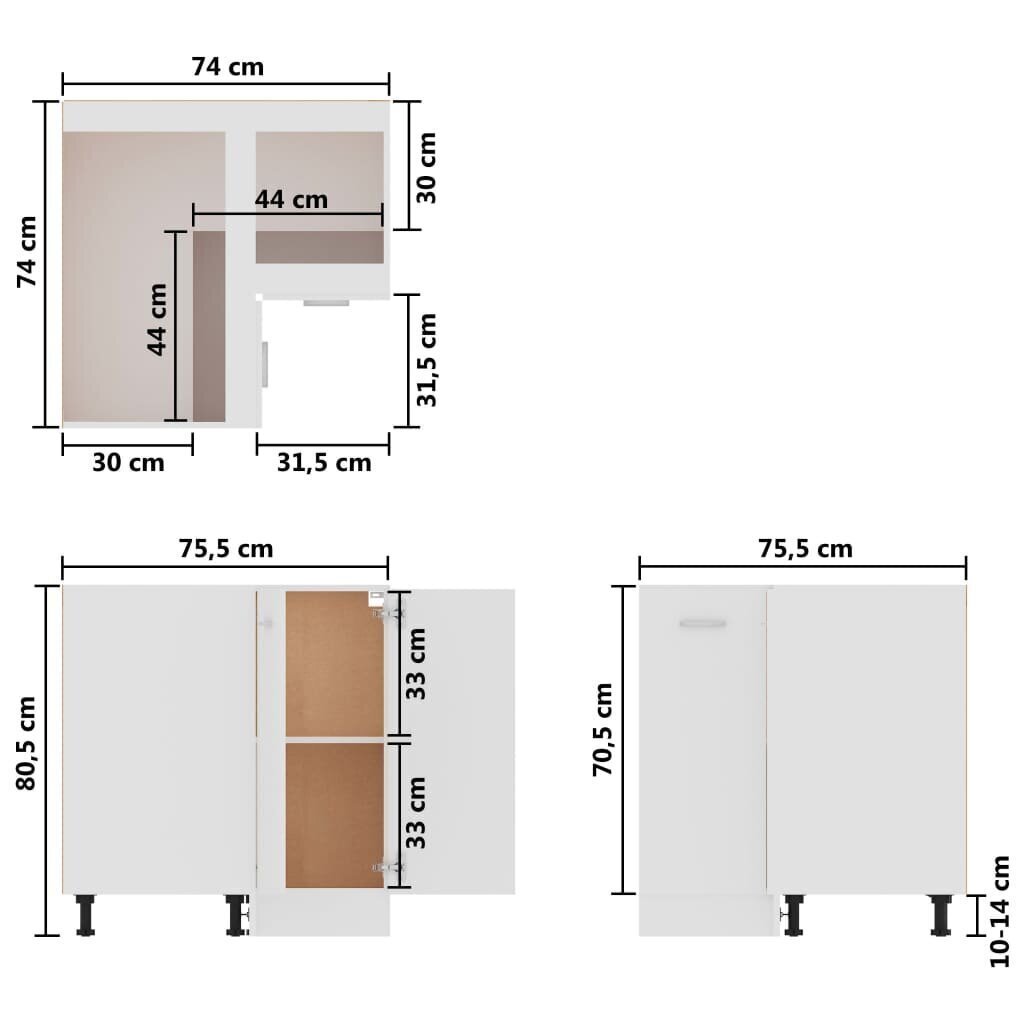 vidaXL alumine nurgakapp, valge, 75,5 x 75,5 x 80,5 cm, puitlaastplaat hind ja info | Köögikapid | kaup24.ee