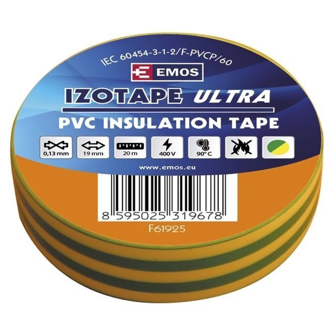 Insulating Tape PVC 19mm/20m green/yellow, EMOS цена и информация | Käsitööriistad | kaup24.ee