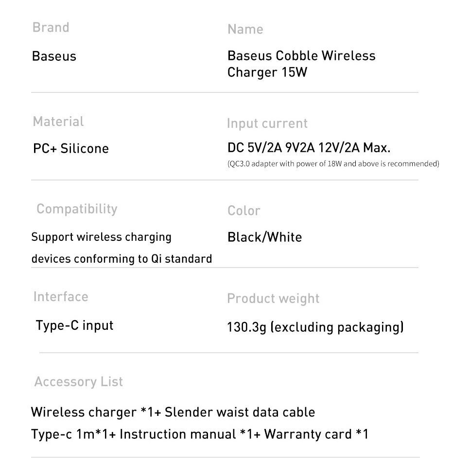 Baseus Cobble WXYS-02 juhtmeta laadija 9V / 2A / 15W valge hind ja info | Mobiiltelefonide laadijad | kaup24.ee