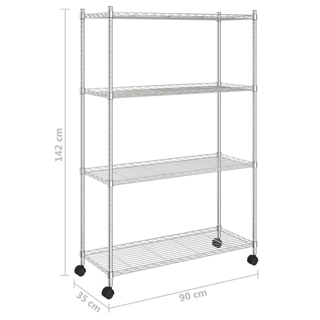 vidaXL 4-korruseline hoiuriiul ratastega 90 x 35 x 142 cm männipuit 200 kg цена и информация | Riiulid tööriistadele | kaup24.ee