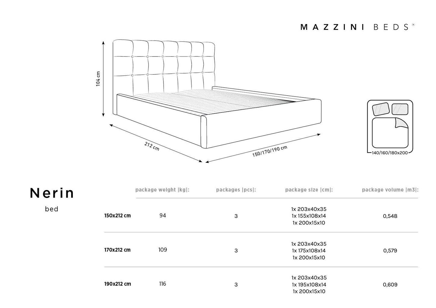 Voodi Mazzini Beds Nerin 2, 180x200cm, helesinine цена и информация | Voodid | kaup24.ee