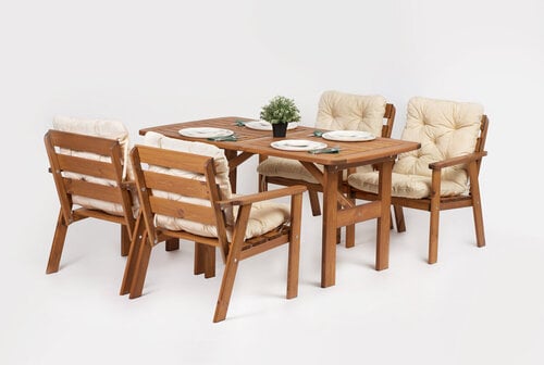 Välimööbli komplekt laud ja 4 tooli, pruuni värvi, helebeežide patjadega, valmistatud Leedus hind ja info | Aiamööbli komplektid | kaup24.ee