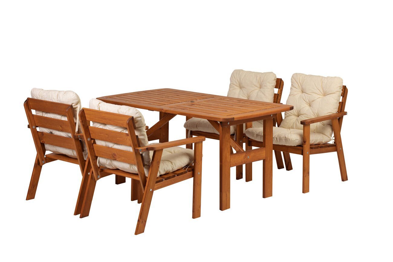 Välimööbli komplekt laud ja 4 tooli, pruuni värvi, helebeežide patjadega, valmistatud Leedus hind ja info | Aiamööbli komplektid | kaup24.ee
