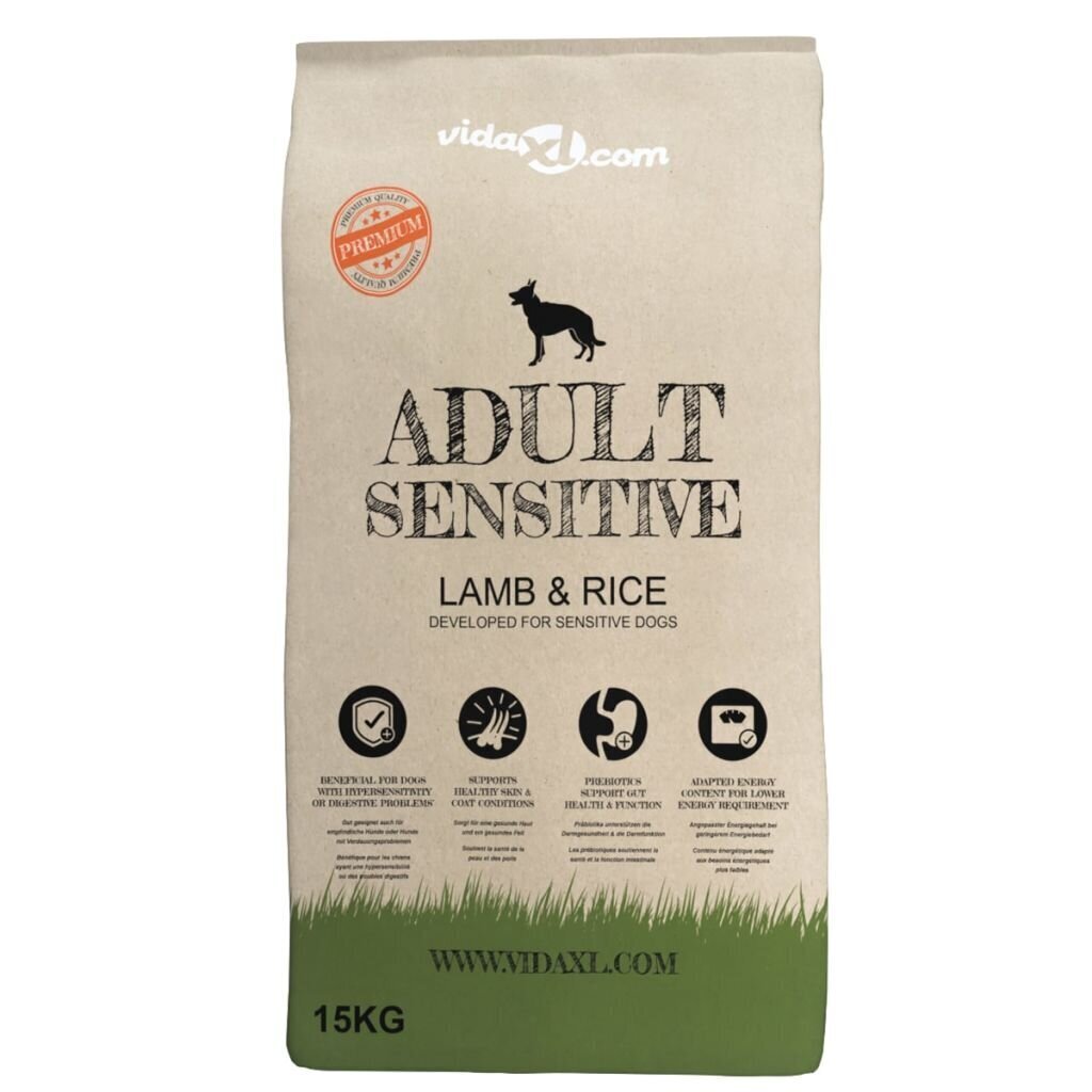 vidaXL Premium koerte kuivtoit "Adult Sensitive Lamb & Rice" 15 kg hind ja info | Kuivtoit koertele | kaup24.ee