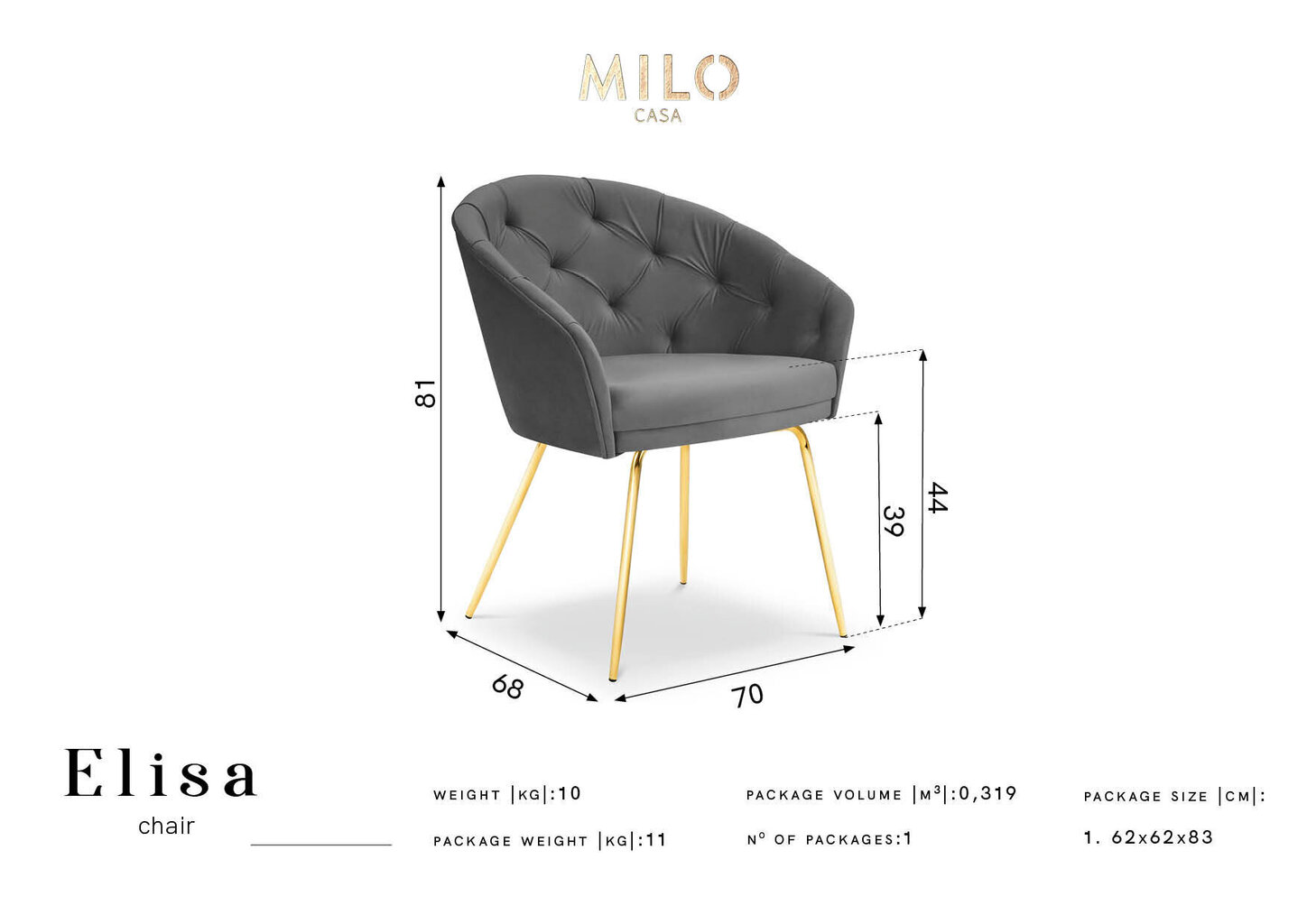 Tool Milo Casa Elisa, must/kuldne värv цена и информация | Söögitoolid, baaritoolid | kaup24.ee