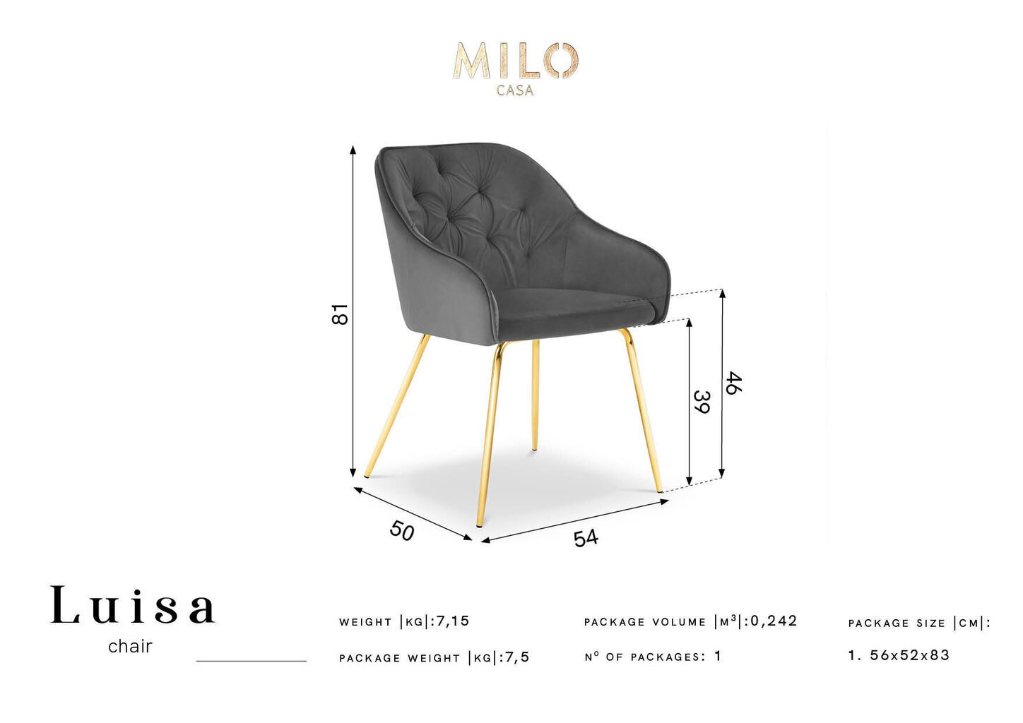 Tool Milo Casa Luisa, sinine/kuldne värv hind ja info | Söögilaua toolid, köögitoolid | kaup24.ee