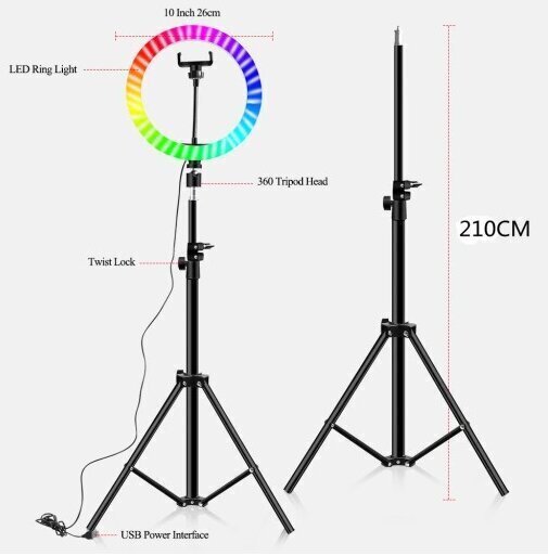 Rõngakujuline LED-lamp RGB puldi ja jalaga цена и информация | Fotovalgustuse seadmed | kaup24.ee