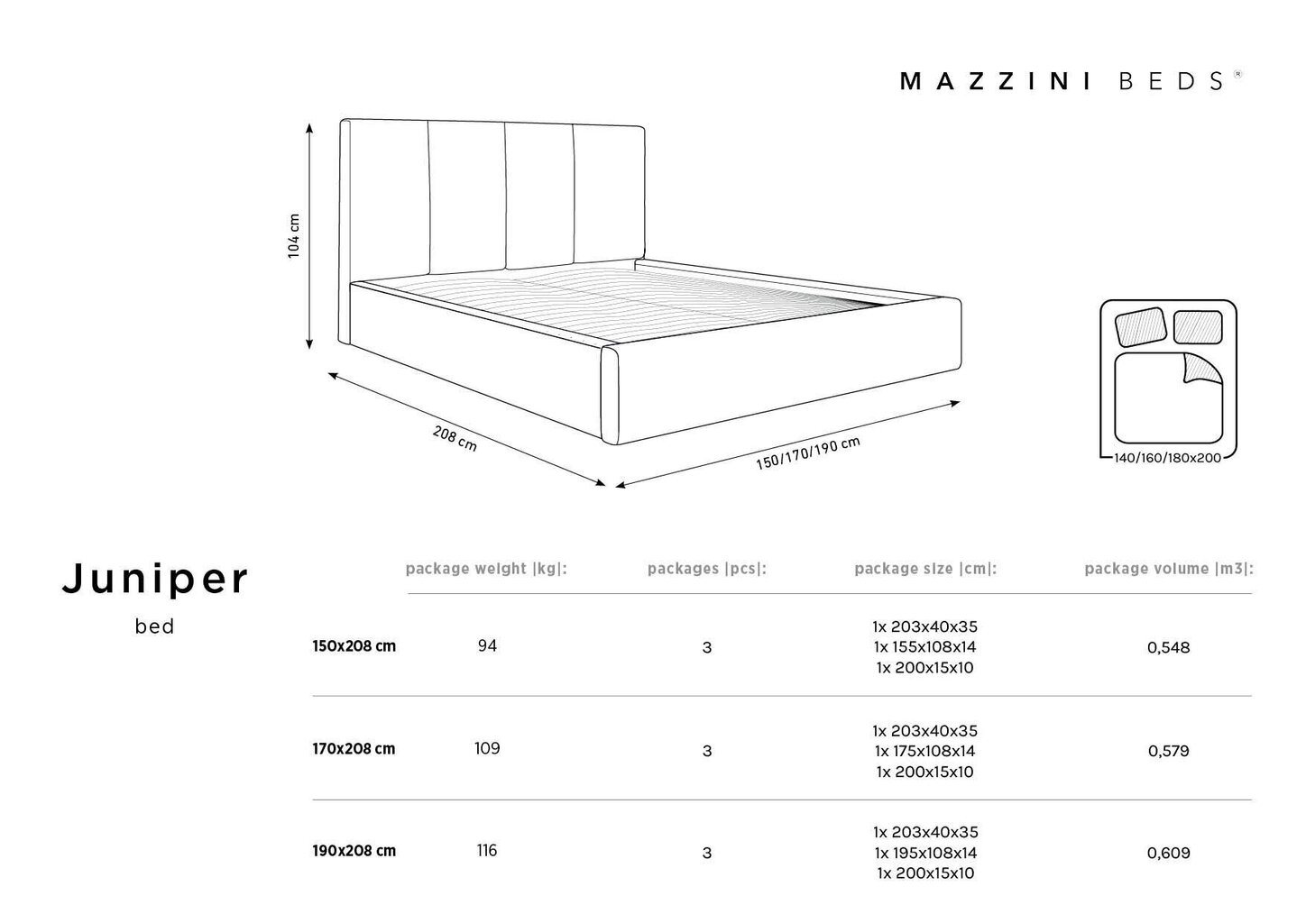 Voodi Mazzini Beds Juniper 6, 180x200cm, must hind ja info | Voodid | kaup24.ee