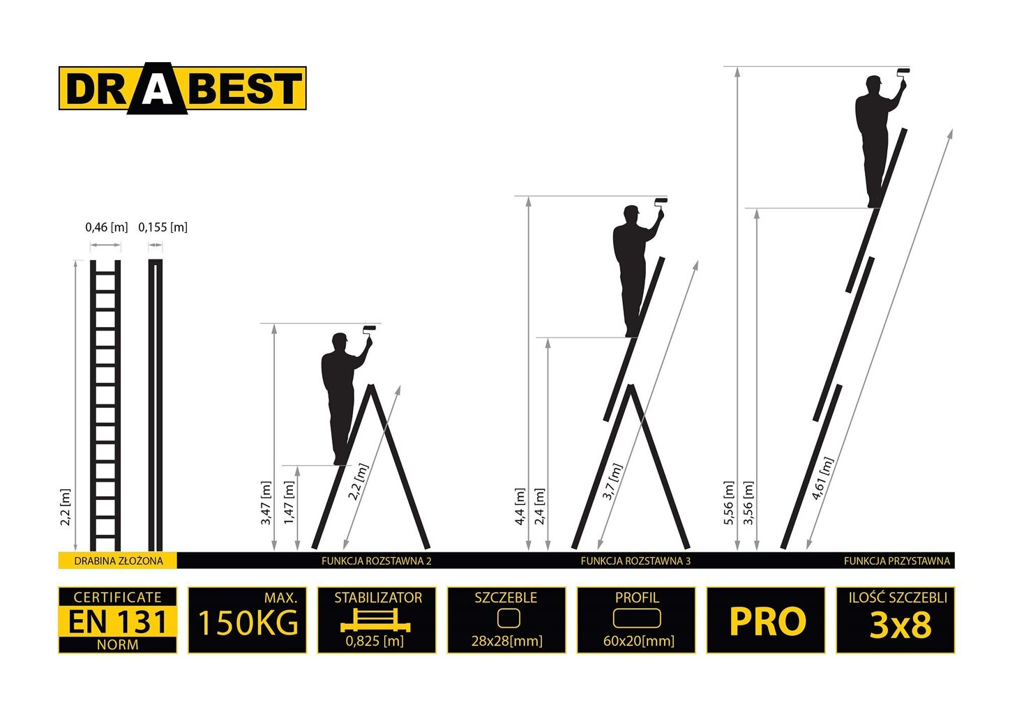 Kolmeosaline multifunktsionaalne redel DRABEST PRO 3x8 hind ja info | Redelid | kaup24.ee