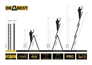 Kolmeosaline multifunktsionaalne redel DRABEST PRO 3x12 цена и информация | Стремянки | kaup24.ee