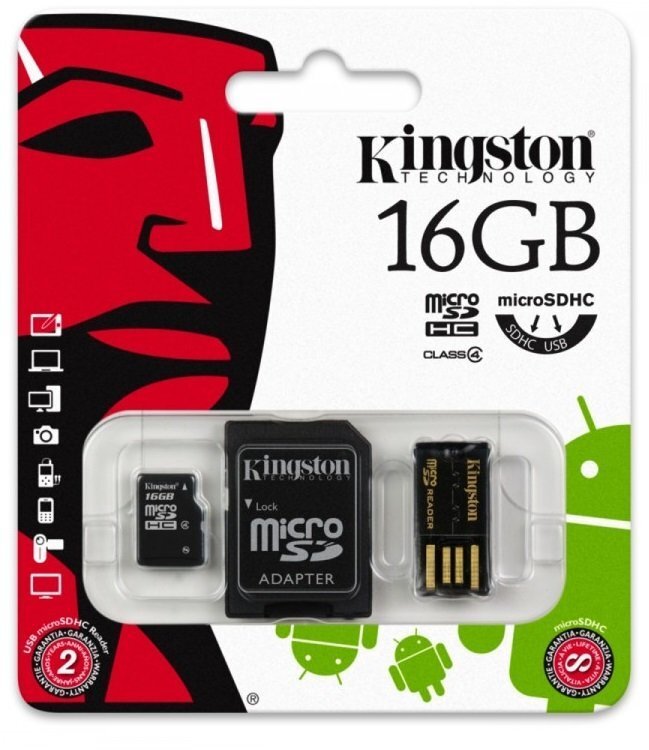 Kingston MicroSDHC 16 GB, klass 4 + SD adapter + MicroSDHC lugeja USB 2.0 цена и информация | Mobiiltelefonide mälukaardid | kaup24.ee