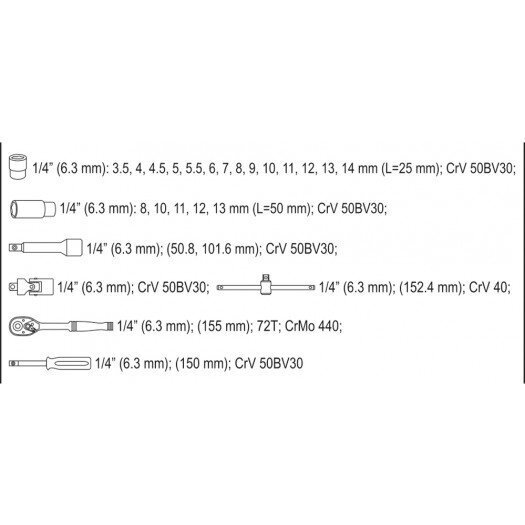 Peade komplekt Yato 1/4" (YT-14461), 25 tk. цена и информация | Käsitööriistad | kaup24.ee
