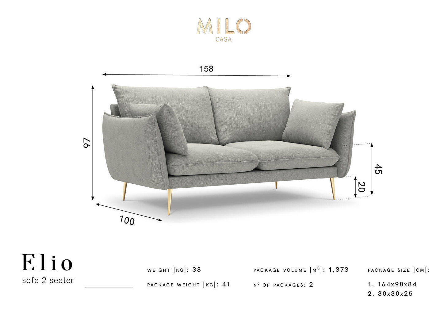 Kahekohaline diivan Milo Casa Elio, helehall/kuldne värv hind ja info | Diivanid ja diivanvoodid | kaup24.ee