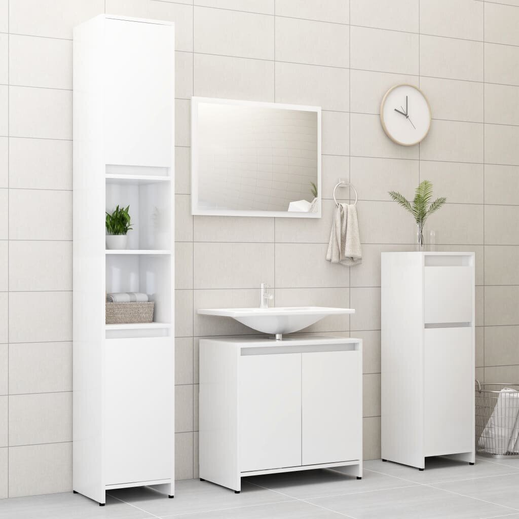 vidaXL 3-osaline vannitoamööbel, kõrgläikega, valge, puitlaastplaat цена и информация | Vannitoa komplektid | kaup24.ee