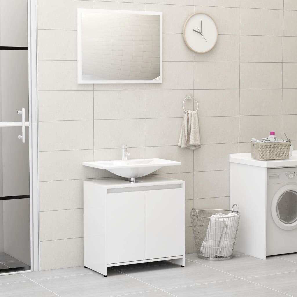 vidaXL 3-osaline vannitoamööbel, kõrgläikega, valge, puitlaastplaat цена и информация | Vannitoa komplektid | kaup24.ee