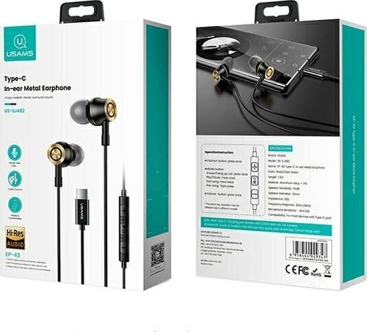 Kõrvaklapid/käed vabad seade USAMS "Type-C" ühendusega, must, 120 cm hind ja info | Kõrvaklapid | kaup24.ee