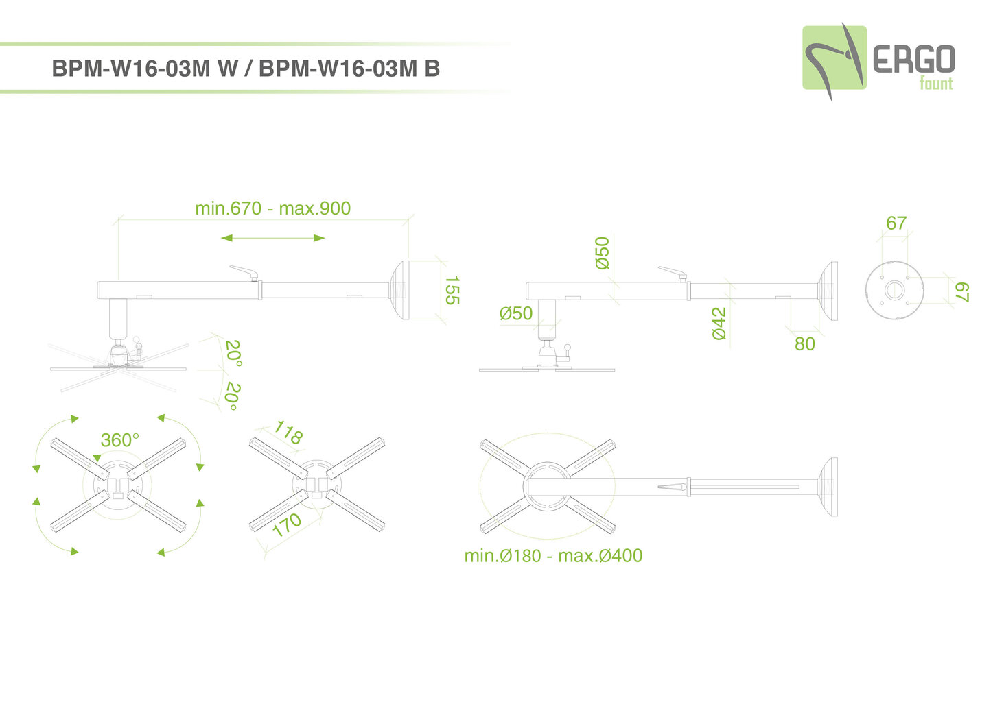 Projektori kinnitus Ergofount BPM-W16-03M W hind ja info | Projektori tarvikud | kaup24.ee