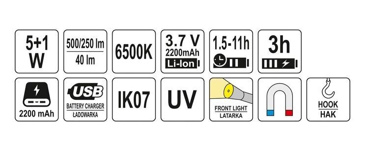 Töökojalamp laetav LED 5W COB, 500LM + 40LM, UV Yato (YT-08517) hind ja info | Taskulambid, prožektorid | kaup24.ee